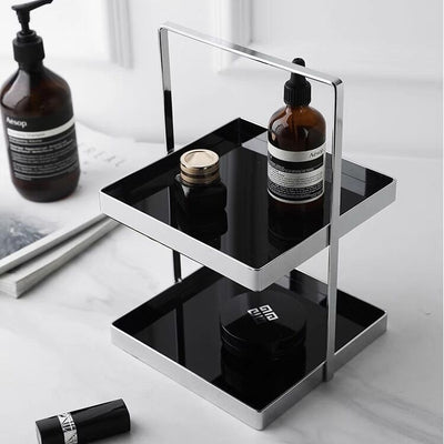 Handle-equipped silver frame square two-tier storage rack