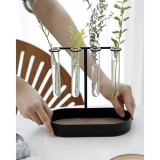 Single flower vase with test tube storage tray