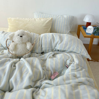 Light Blue Stripe Milk Velvet Winter Duvet Cover Set