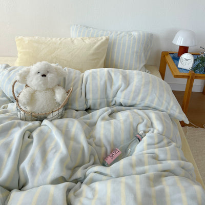 Light Blue Stripe Milk Velvet Winter Duvet Cover Set