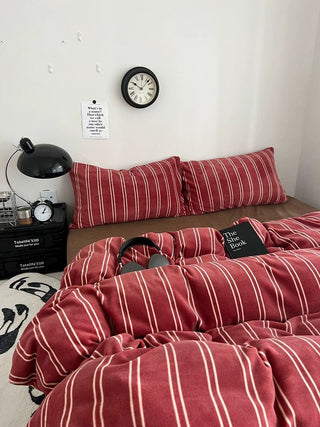 Red Ivory Stripe Winter Duvet Cover Set
