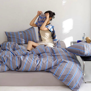 Gray Blue Stripe Duvet Cover Set  Bed Cover