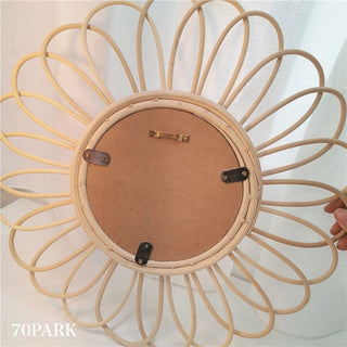 Flower & Sun Motif Rattan Mirror