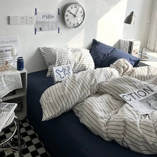 Navy Gray Stripe Duvet Cover Set