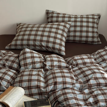 Brown Sheets Checkered Pattern Cotton Duvet Cover Set  All Seasons