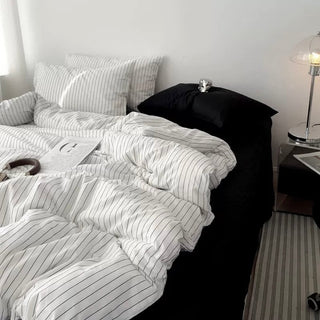 White Black Pinstripe Cotton Duvet Cover Set   All Seasons