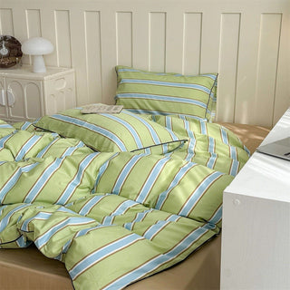 Green Mixed Color Wide Stripe Cotton Duvet Cover Set 2 Sizes  All Seasons