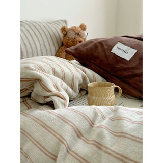 Beige Brown Double Stripe Milk Velvet Winter Duvet Cover Set