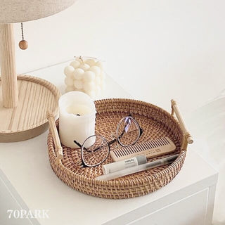 Large Rattan Round Tray with Handle Small Item Container