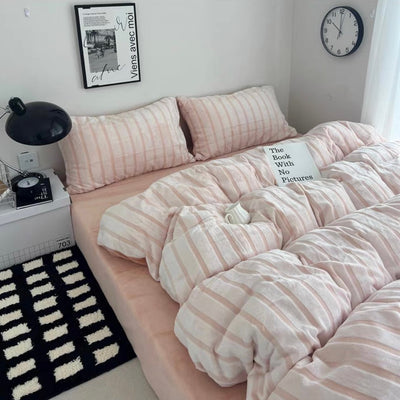 Pink Stripe Fluffy Flannel Duvet Cover Set