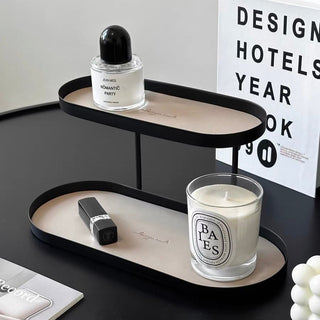 Iron Leather Oval Two-Tier Tray Storage Rack