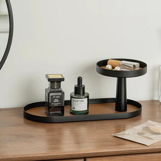 Iron Leather Oval Round Two-Tier Tray  Storage Rack Cosmetic Storage