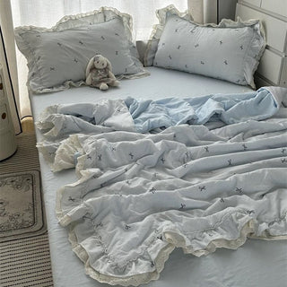 Summer comforter ribbon pattern lace washed cotton duvet cover set 2 sizes