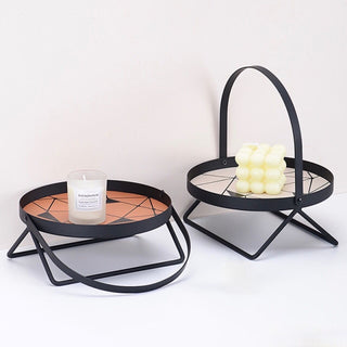 Single-tier round tray with handlein  storage rack
