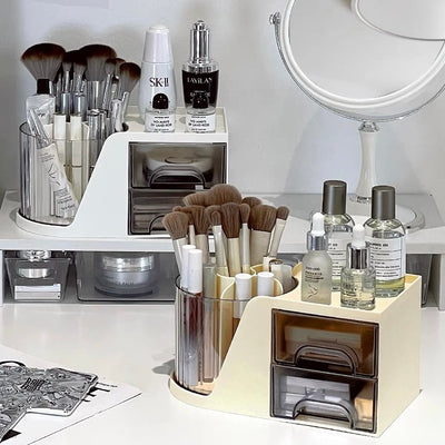360 Degree Rotating Brush Stand with Cosmetic Storage Rack
