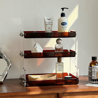 Clear Brown Acrylic Three-Tier Storage Display Rack for Cosmetics and Perfumes