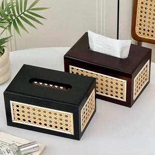 Rattan Basketweave Wood Tissue Case