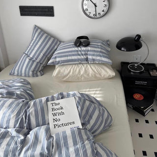 Blue Multi Stripe Cotton Duvet Cover Set 2 Sizes  All Seasons