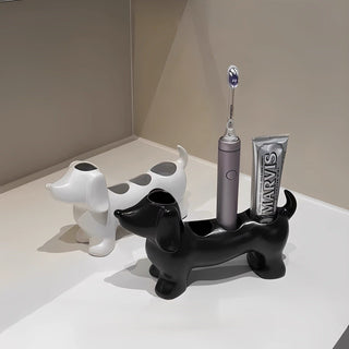 Dachshund motif ceramic toothbrush holder dog-themed storage bathroom sink.
