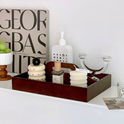 Handled Wooden Rectangular Storage Tray for Cosmetics and Perfumes