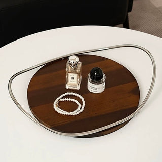 Stainless steel handle wood round display tray storage