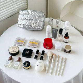 Metallic Color Rectangular Cosmetic Storage Puff Pouch  Silver Travel Pouch