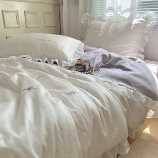 Cooling Flower Embroidery Lace Frill Duvet Cover Set   Bed Cover  Cooling Touch