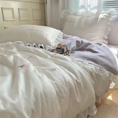 Cooling Flower Embroidery Lace Frill Duvet Cover Set   Bed Cover  Cooling Touch