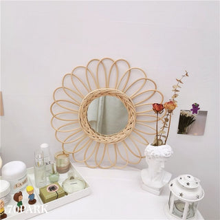 Flower & Sun Motif Rattan Mirror