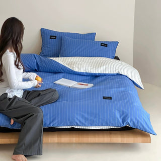 Blue Double-Sided Stripe Cotton Duvet Cover Set   Bed Cover  All Seasons