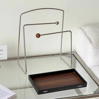 Stainless steel accessory stand with wood-grain tray for storage small item holder perfume storage.