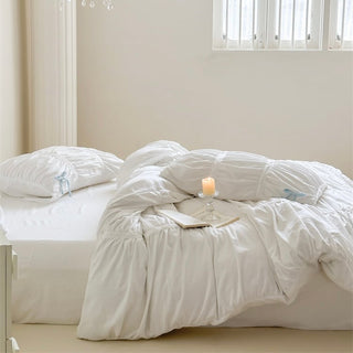 White Gathered Romantic Ribbon Duvet Cover Set  All Seasons