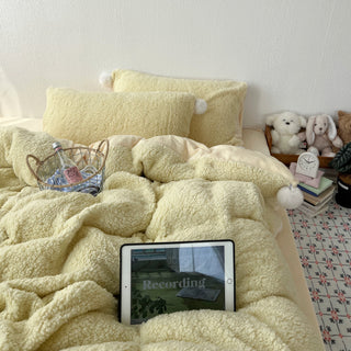Yellow Pom-Pom Milk Velvet Winter Thick Duvet Cover Set