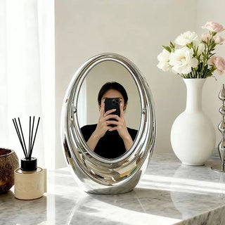 Oval plump frame tabletop mirror silver
