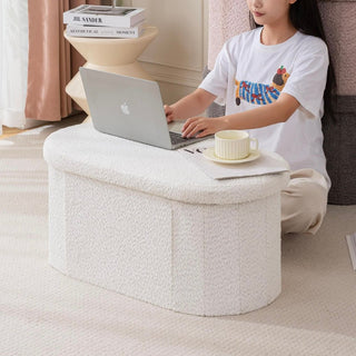 Folding Oval Boucle Storage Stool  Ottoman Bench Stool Storage Storage Box