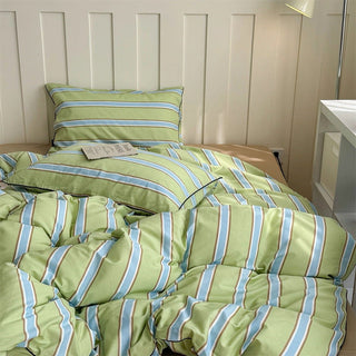 Green Mixed Color Wide Stripe Cotton Duvet Cover Set 2 Sizes  All Seasons