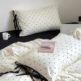 Monochrome polka dot pattern piping ribbon duvet cover set 2 sizes  bed cover all seasons year-round