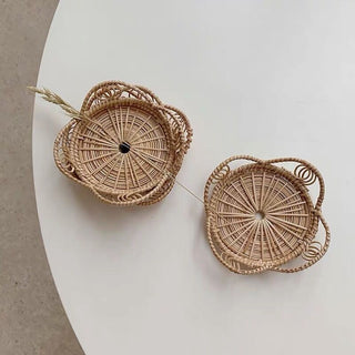 Flower motif rattan coaster set of 2