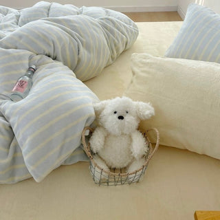 Light Blue Stripe Milk Velvet Winter Duvet Cover Set