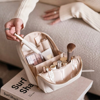 Square-shaped makeup and cosmetic storage pouch self-standing medium size white