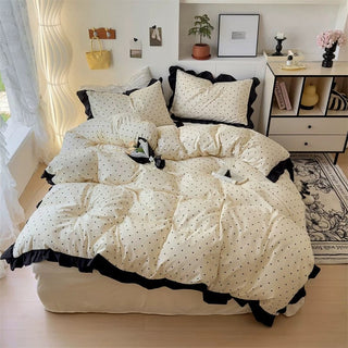 Polka Dot Pattern Black Frill Monotone Duvet Cover Set  All Season