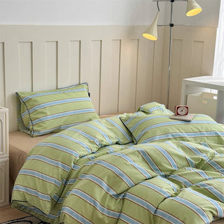 Green Mixed Color Wide Stripe Cotton Duvet Cover Set 2 Sizes  All Seasons