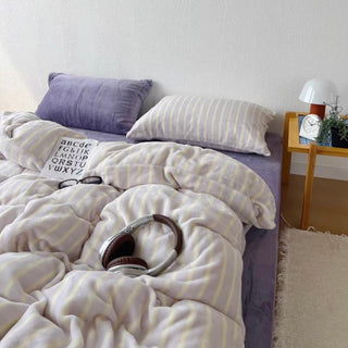 Purple Stripe Milk Velvet Winter Duvet Cover Set