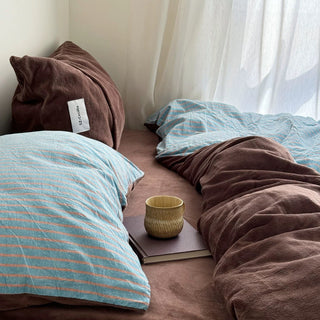 Blue Brown Pin Stripe Cotton Fleece Winter Duvet Cover Set