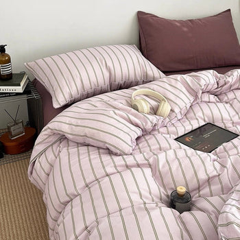 Mauve Pink Stripe Soft Cotton Duvet Cover Set   Bed Cover  All Seasons  Year-Round