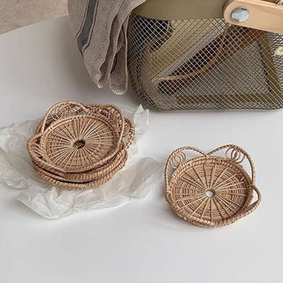 Flower motif rattan coaster set of 2