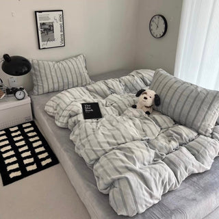 Gray Stripe Fluffy Flannel Duvet Cover Set