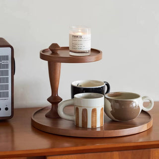 Natural Wood Movable Two-Tier Round Tray Storage