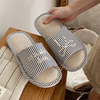 Ribbon embroidered striped linen room shoes  3 sizes indoor slippers.