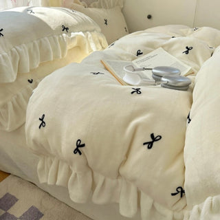Ribbon pattern frill milk velvet winter duvet cover set 2 sizes